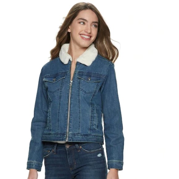 Women's Juniors' madden NYC Denim Jacket with Sherpa Collar - Picture 1 of 6